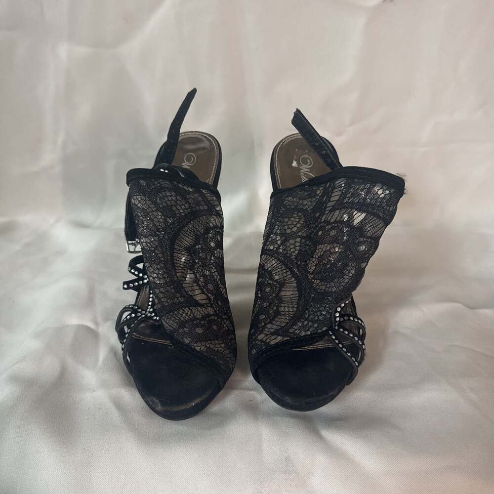 De Blossom Collection Black Lace Peep Toe Slingback Heels